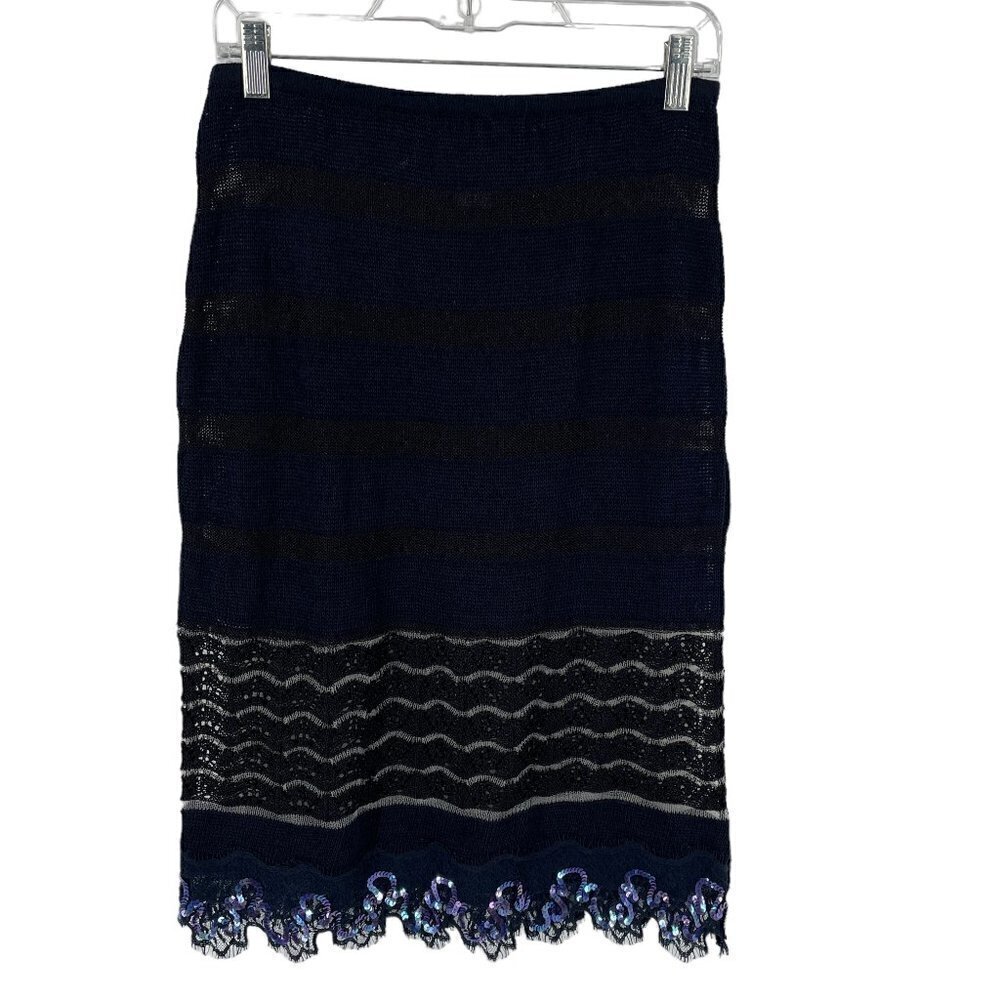 Christian Lacroix Vintage Navy Black Stripe Knit Pencil Skirt Lace Sequin Trim S - Picture 3 of 10